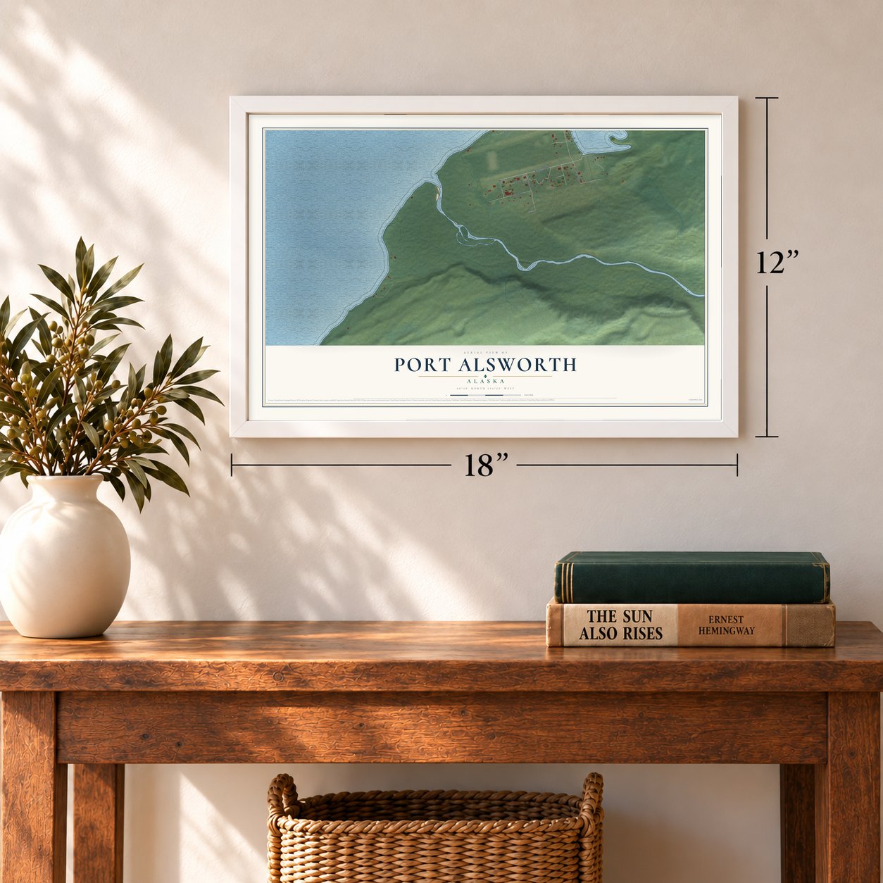 Port Alsworth, Alaska map, 12 x 18 inch print in a white frame in an entryway
