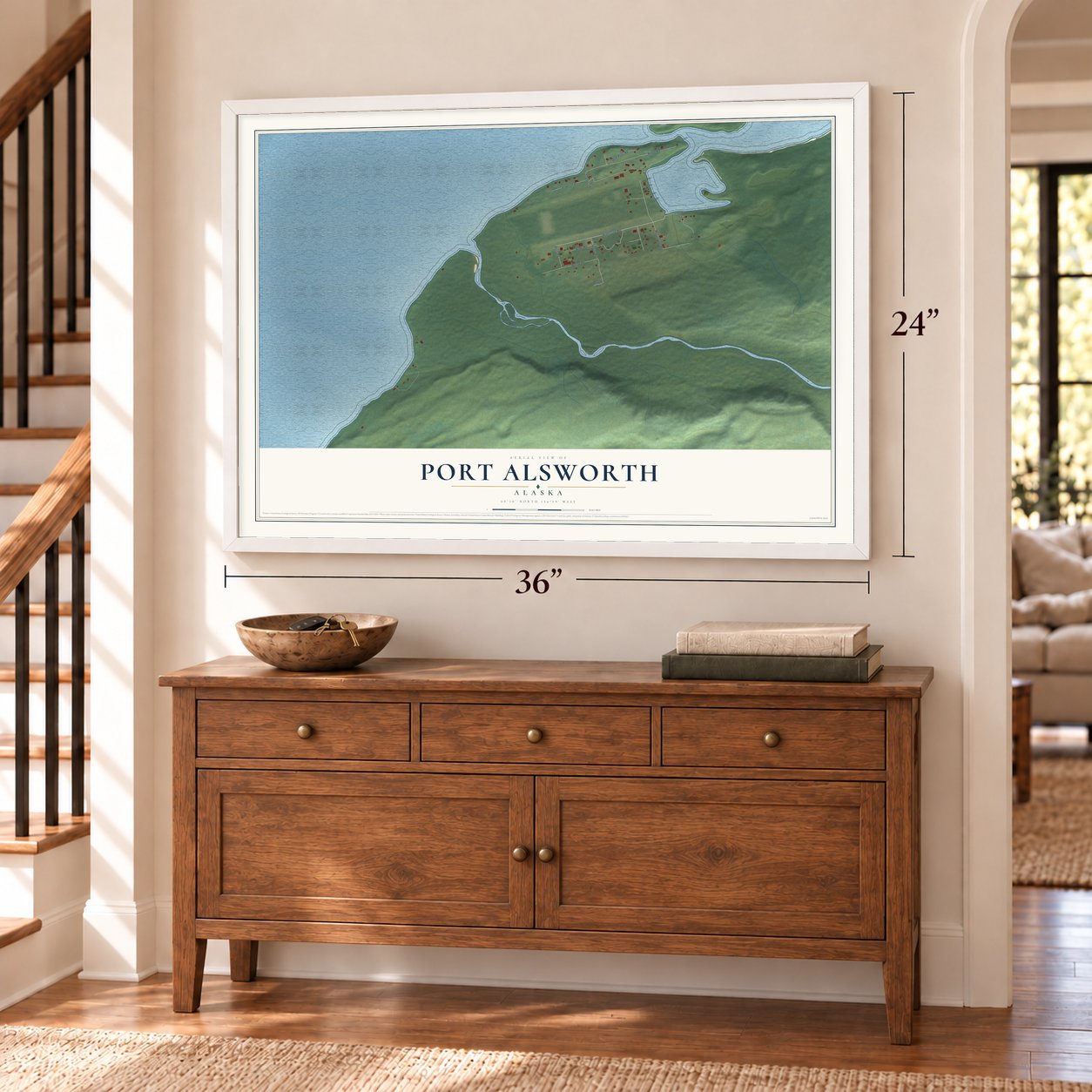 Port Alsworth, Alaska map, 24 x 36 inch print in a white frame above a dresser by a staircase