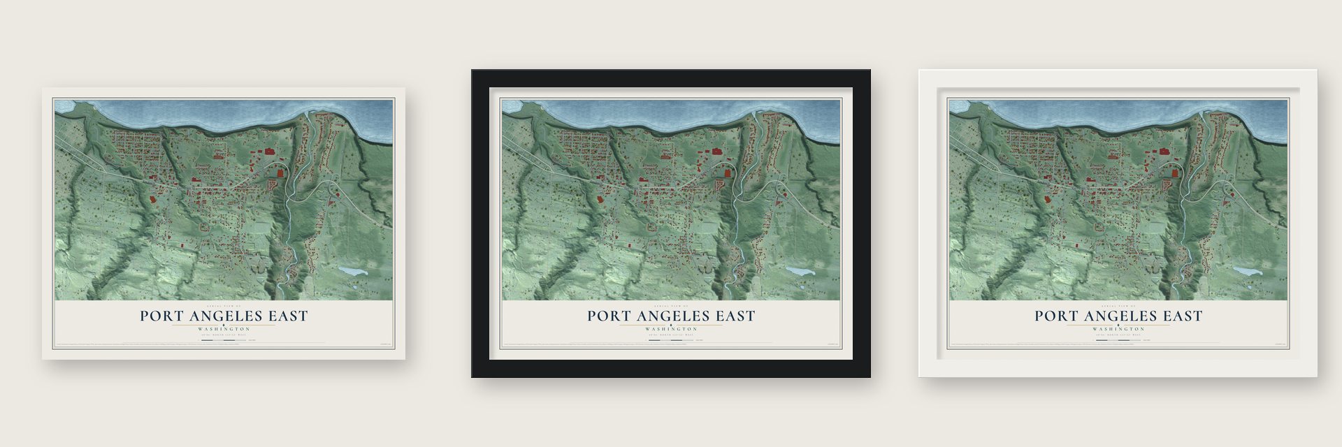 Port Angeles East, Washington map unframed, in a black wood frame and in a white wood frame