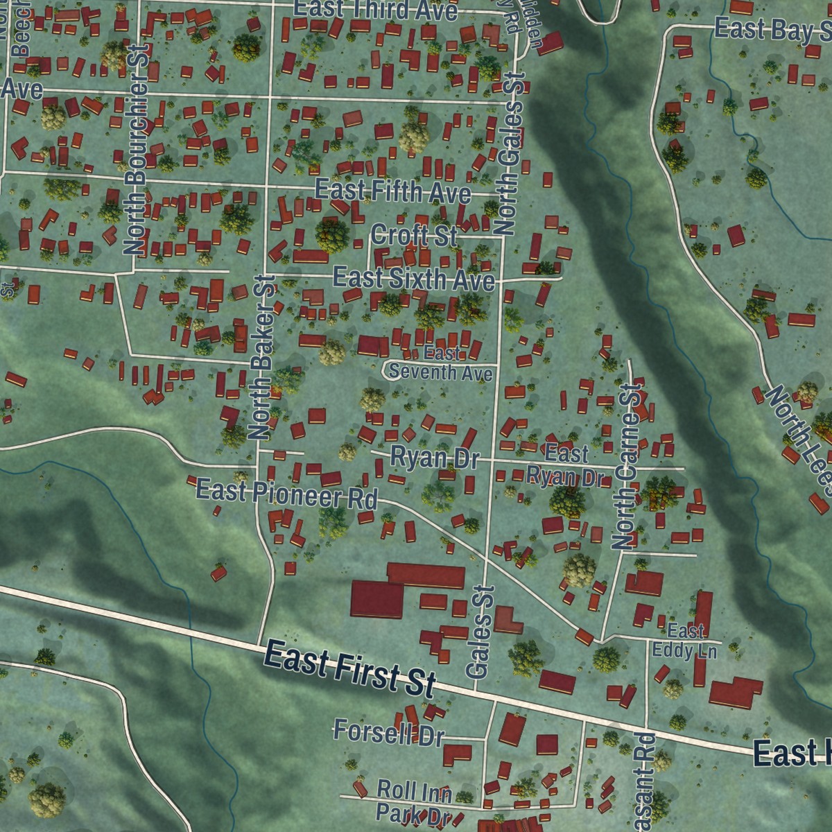Second close-up of the map of Port Angeles East, Washington print showing more streets and buildings