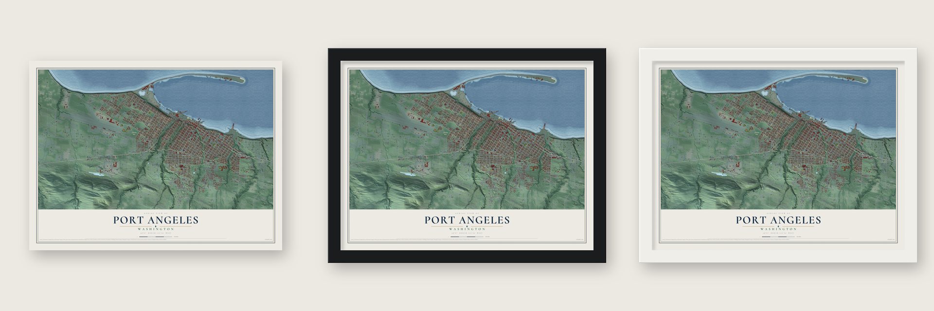 Port Angeles, Washington map unframed, in a black wood frame and in a white wood frame