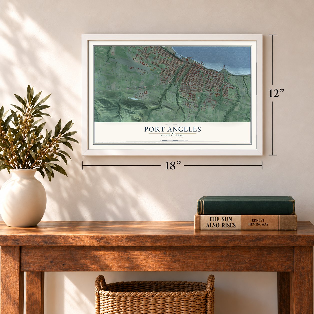 Port Angeles, Washington map, 12 x 18 inch print in a white frame in an entryway