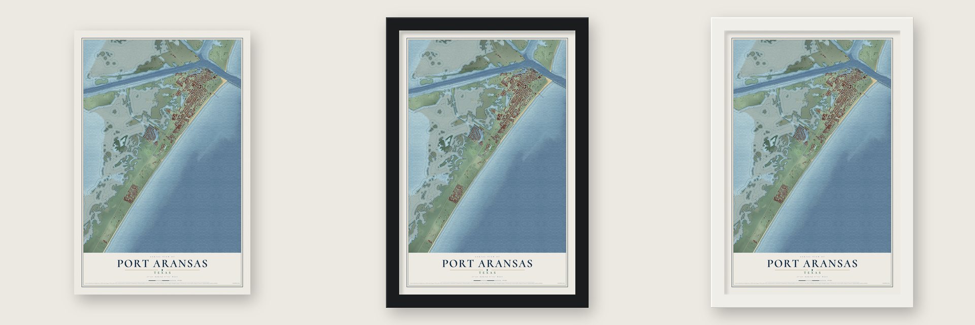 Port Aransas, Texas map unframed, in a black wood frame and in a white wood frame