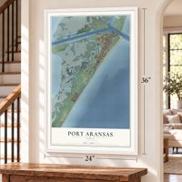 Port Aransas, Texas map, 24 x 36 inch print in a white frame by a staircase