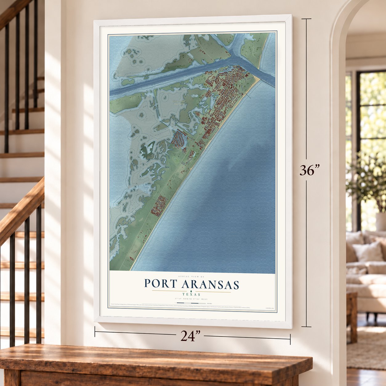 Port Aransas, Texas map, 24 x 36 inch print in a white frame by a staircase