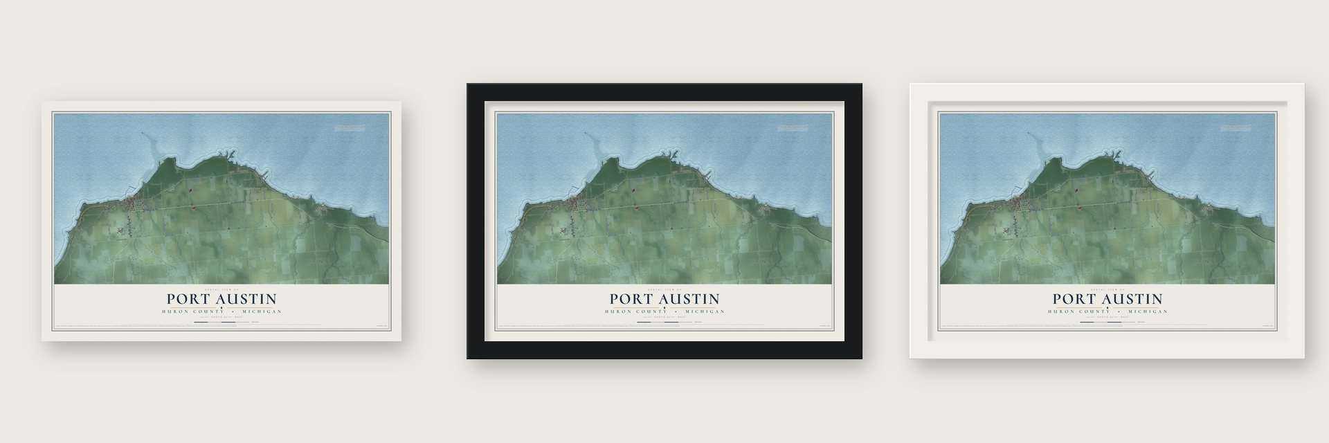 Port Austin, Huron County, Michigan map unframed, in a black wood frame and in a white wood frame