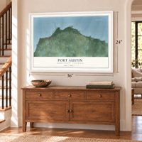 Port Austin, Huron County, Michigan map, 24 x 36 inch print in a white frame above a dresser by a staircase