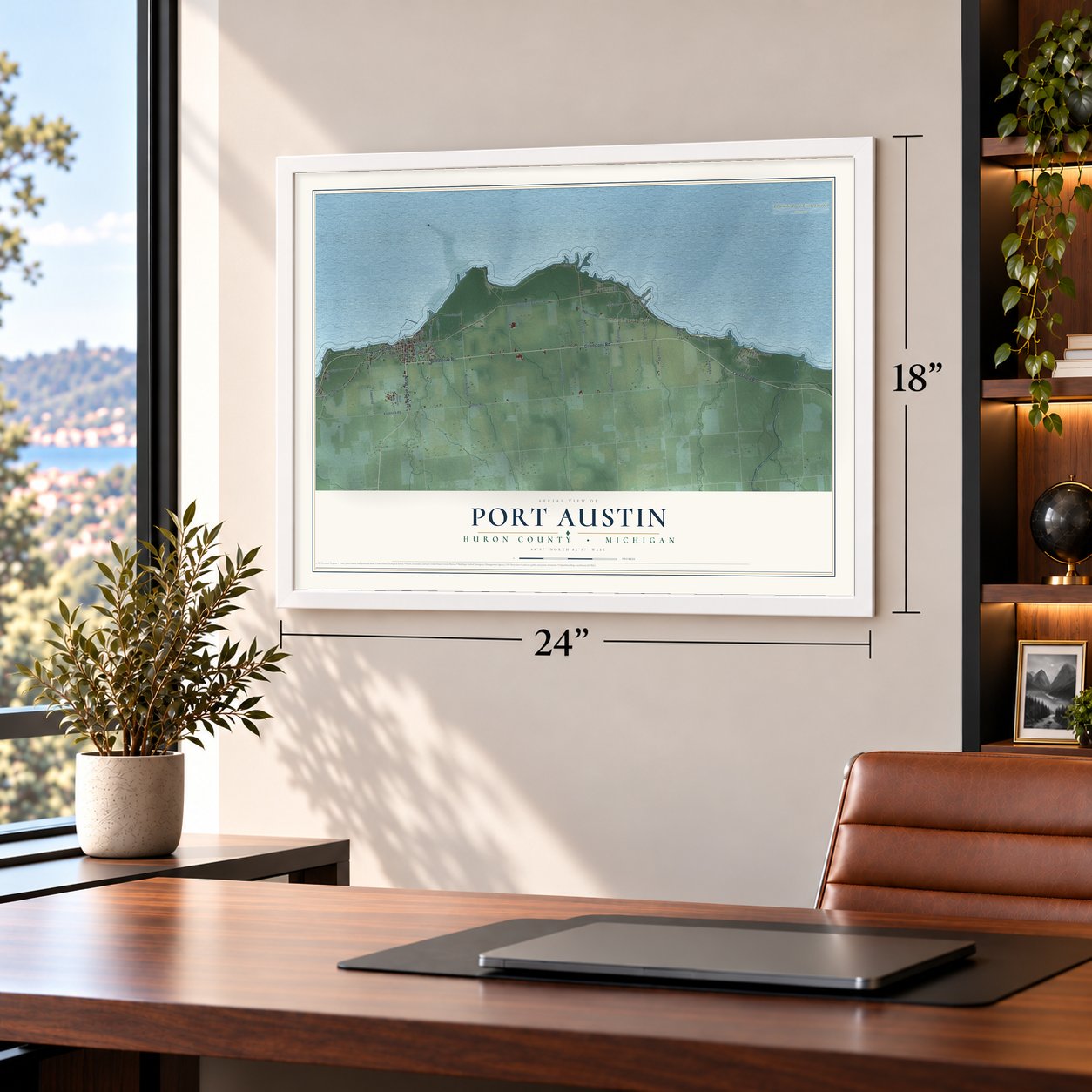 Port Austin, Huron County, Michigan map, 18 x 24 inch print in a white frame in a home office
