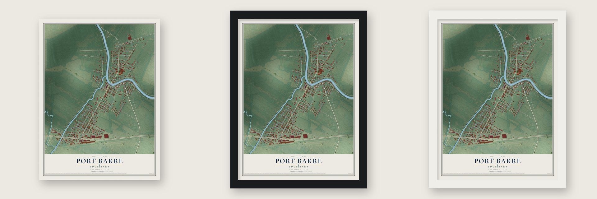 Port Barre, Louisiana map unframed, in a black wood frame and in a white wood frame