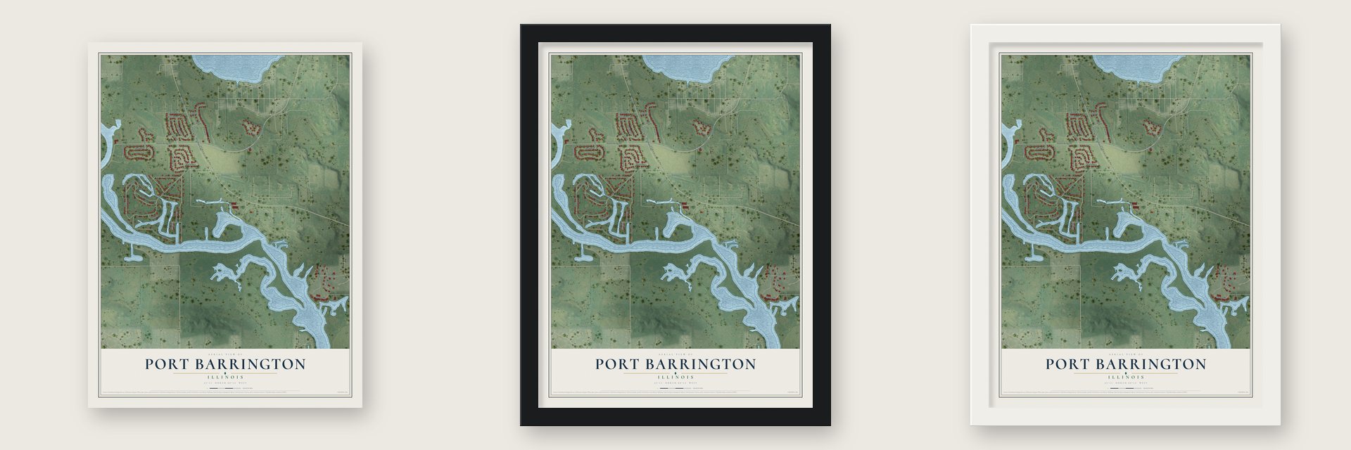 Port Barrington, Illinois map unframed, in a black wood frame and in a white wood frame
