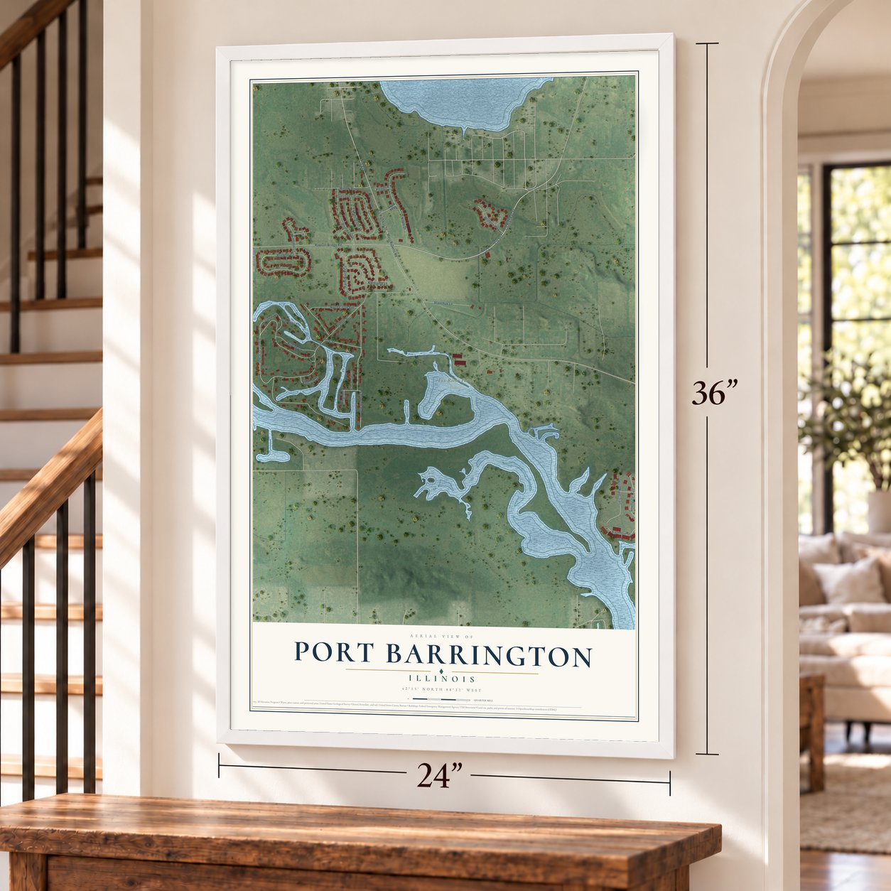 Port Barrington, Illinois map, 24 x 36 inch print in a white frame by a staircase