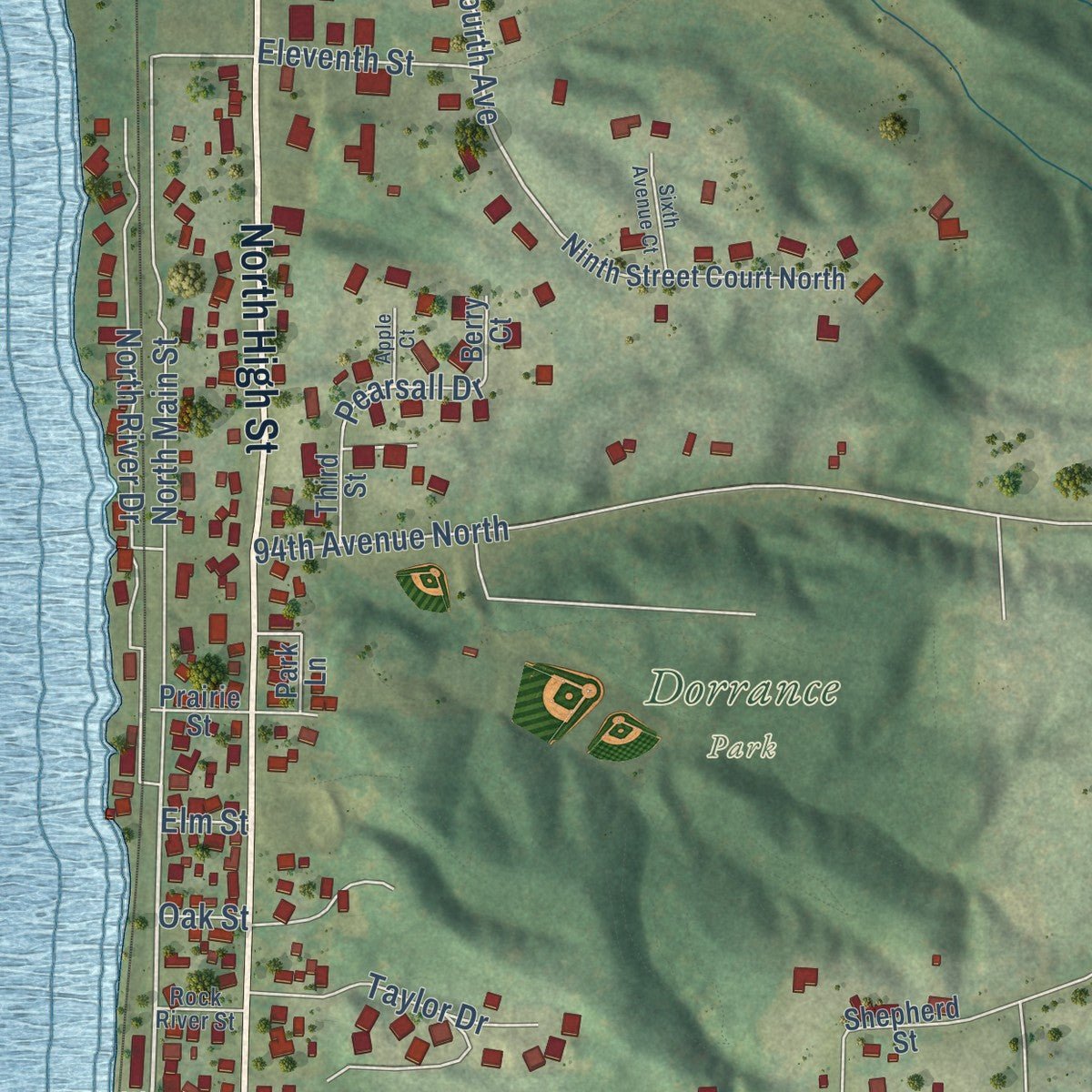 Second close-up of the map of Port Byron, Illinois print showing more streets and buildings