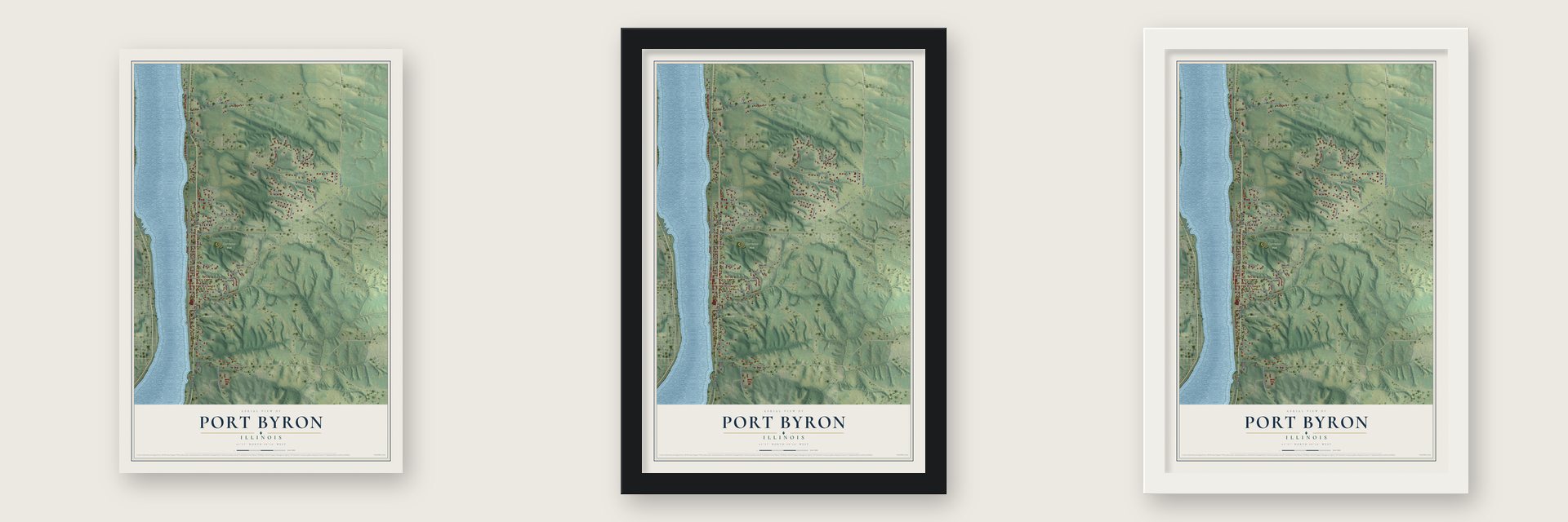 Port Byron, Illinois map unframed, in a black wood frame and in a white wood frame