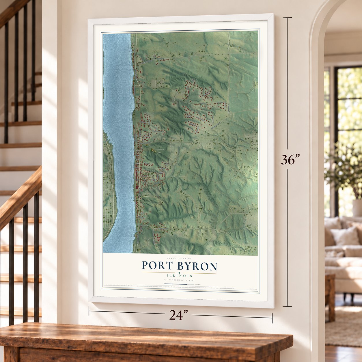 Port Byron, Illinois map, 24 x 36 inch print in a white frame by a staircase