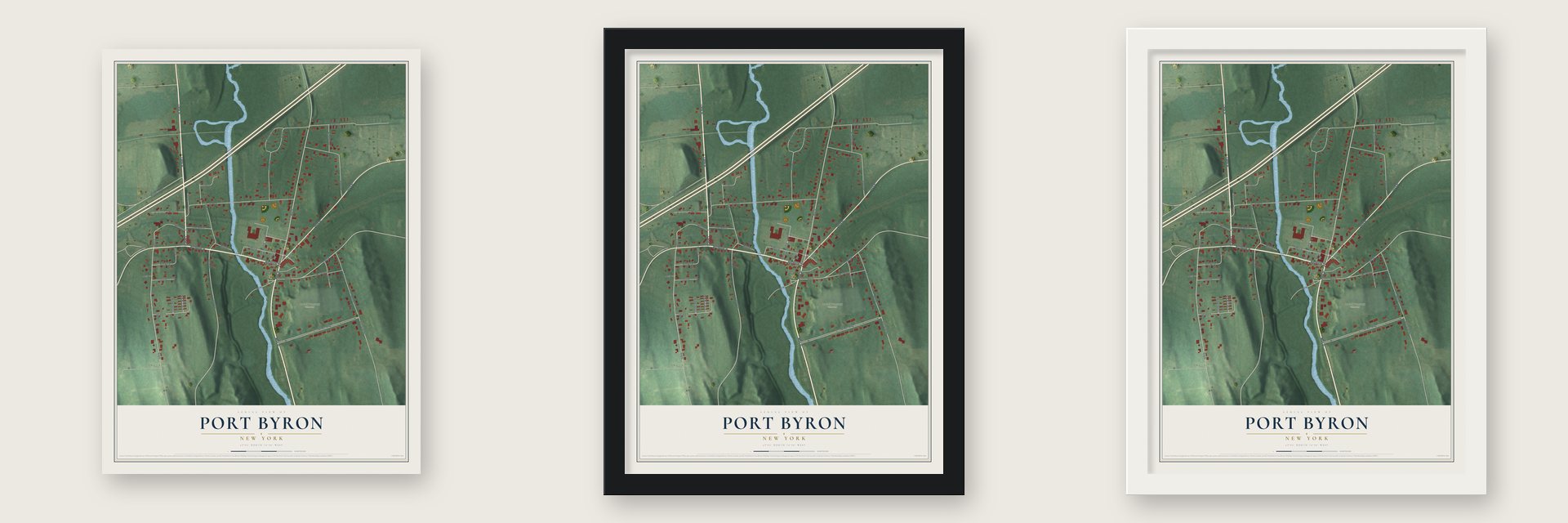 Port Byron, New York map unframed, in a black wood frame and in a white wood frame