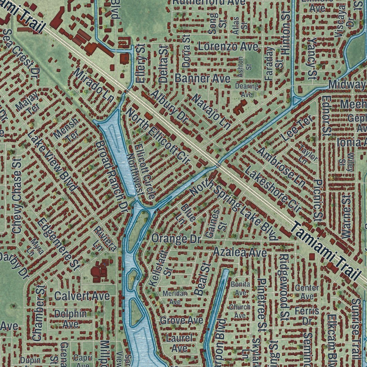 Second close-up of the map of Port Charlotte, Florida print showing more streets and buildings