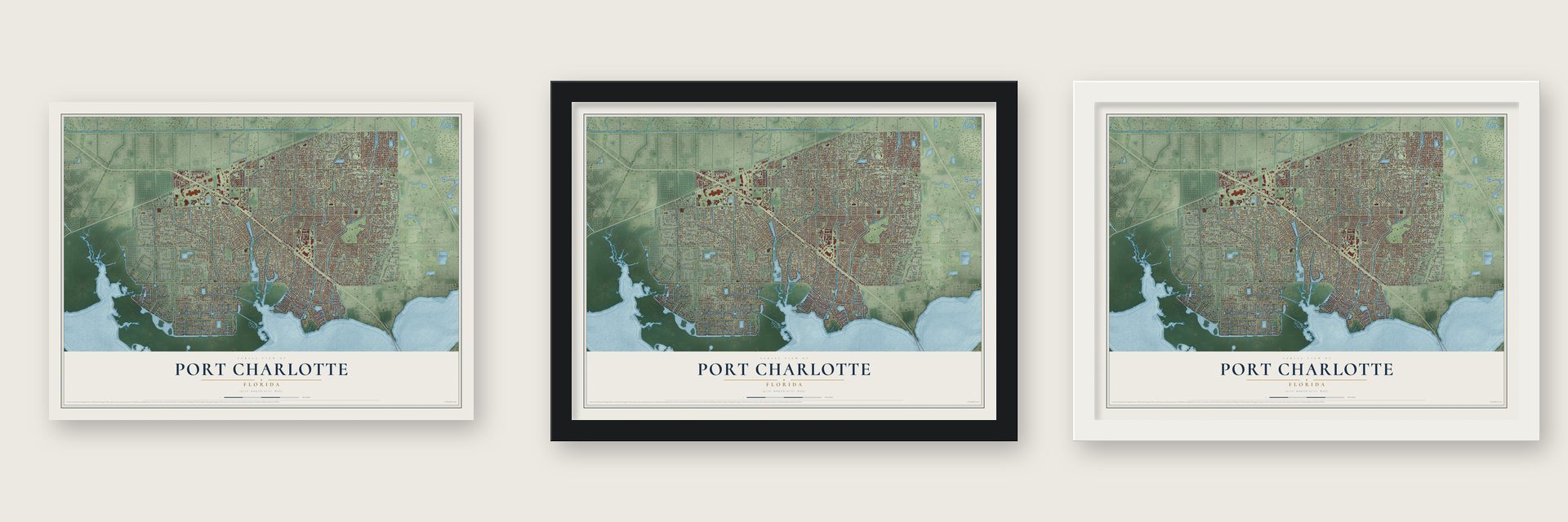 Port Charlotte, Florida map unframed, in a black wood frame and in a white wood frame