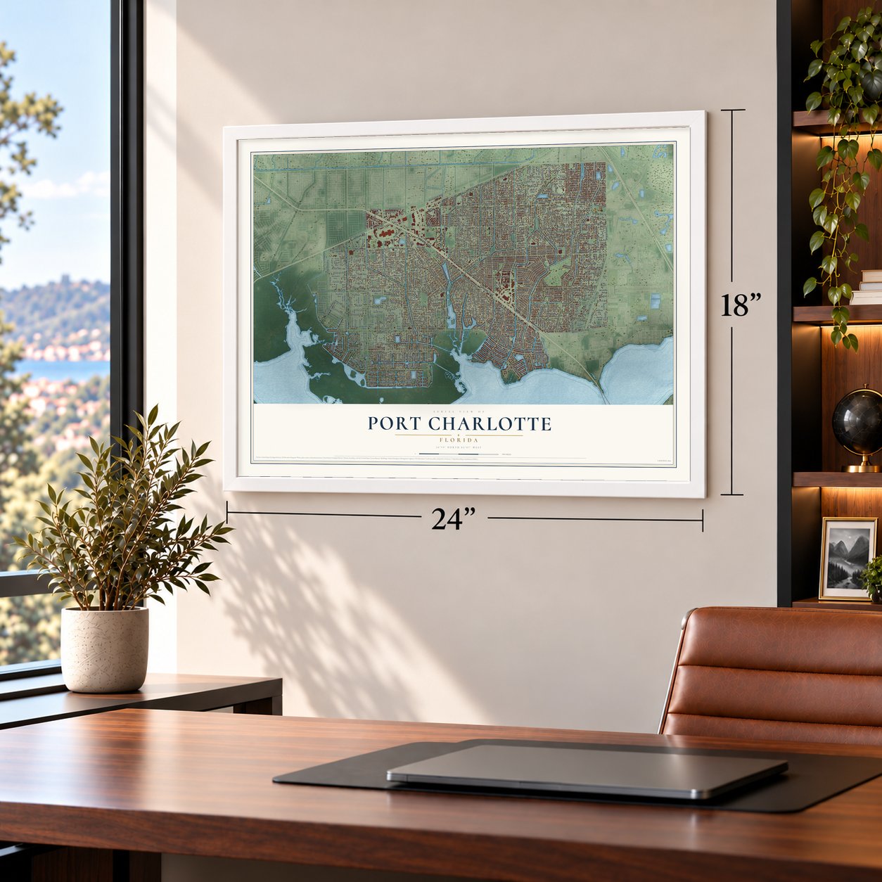 Port Charlotte, Florida map, 18 x 24 inch print in a white frame in a home office
