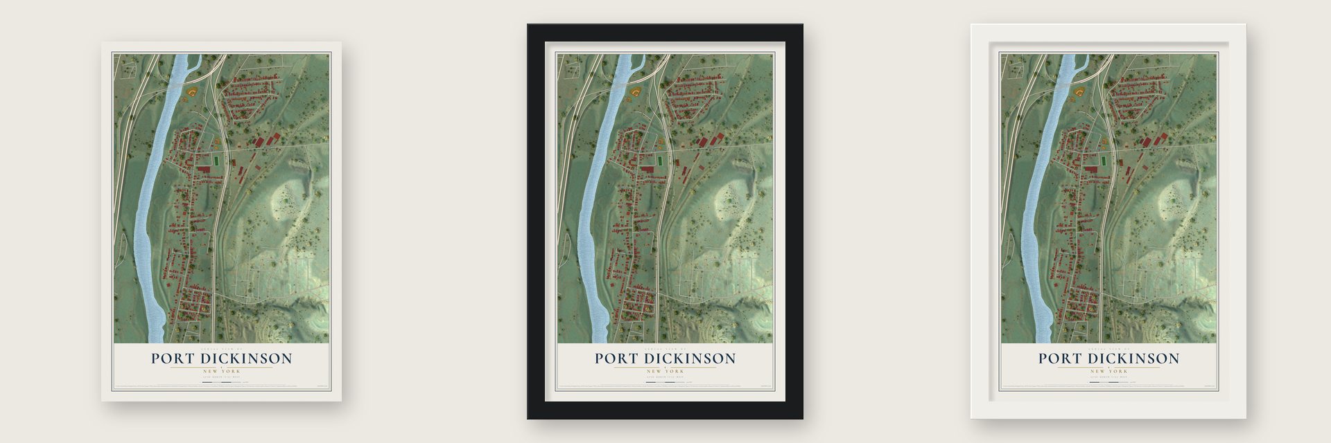 Port Dickinson, New York map unframed, in a black wood frame and in a white wood frame