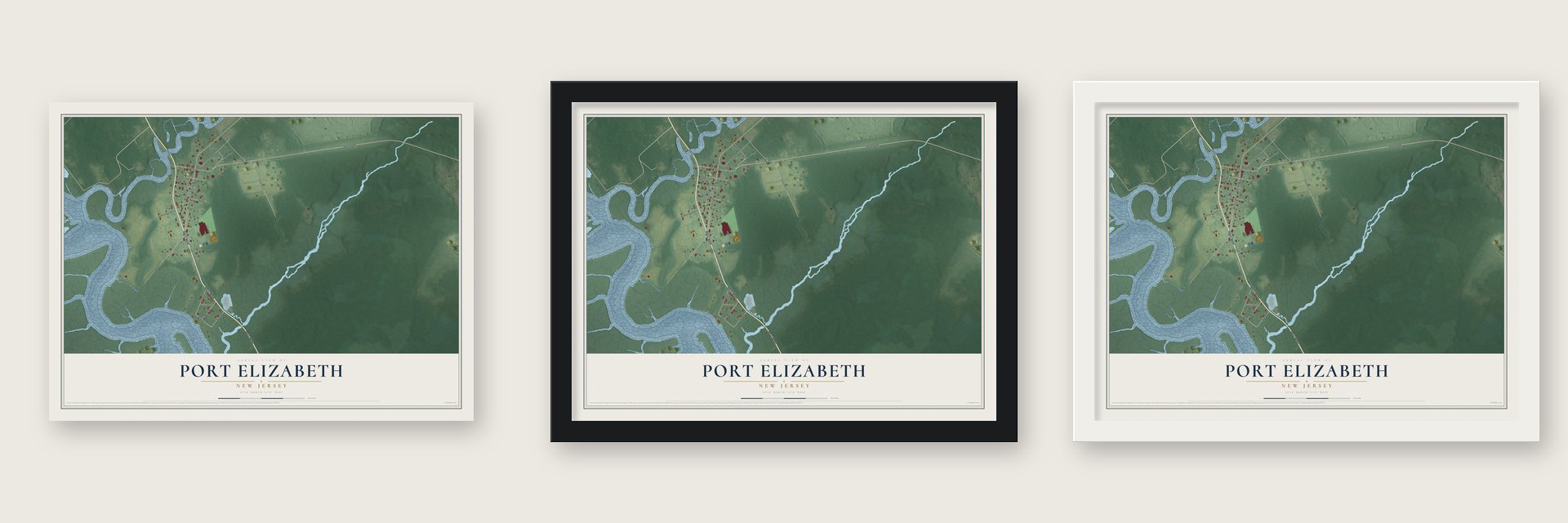 Port Elizabeth, New Jersey map unframed, in a black wood frame and in a white wood frame