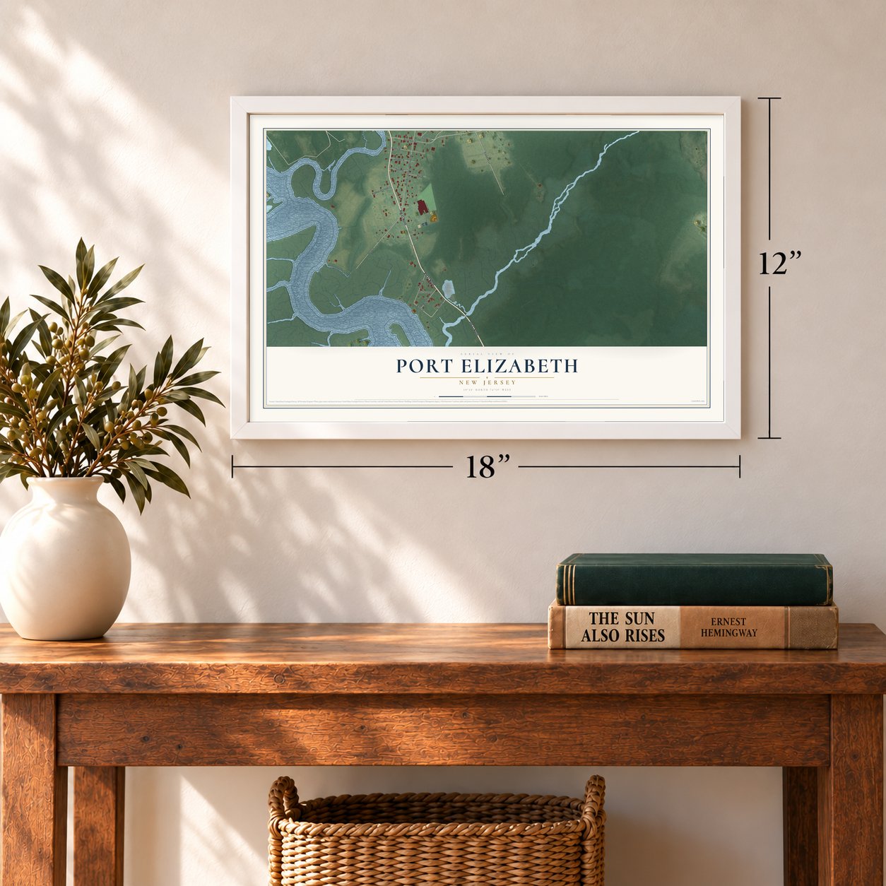 Port Elizabeth, New Jersey map, 12 x 18 inch print in a white frame in an entryway