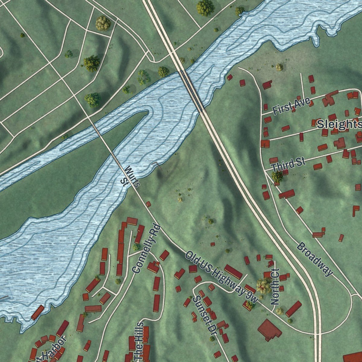 Second close-up of the map of Port Ewen, New York print showing more streets and buildings