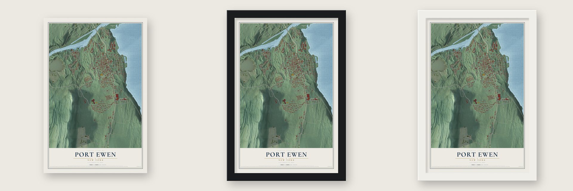 Port Ewen, New York map unframed, in a black wood frame and in a white wood frame