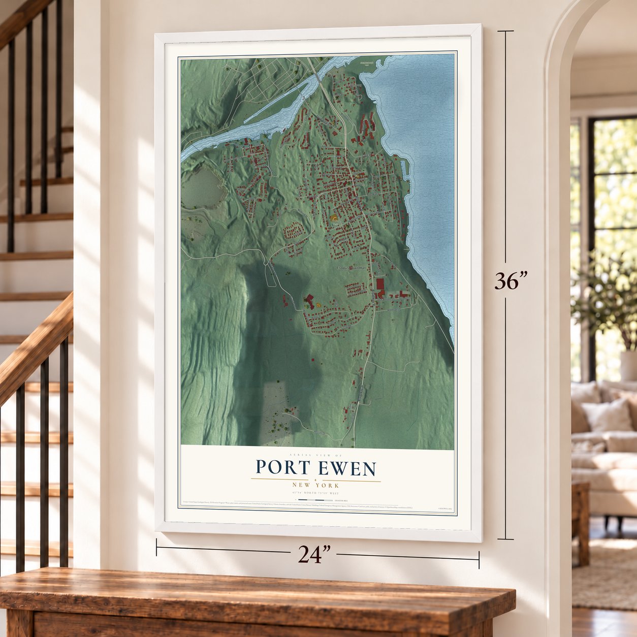 Port Ewen, New York map, 24 x 36 inch print in a white frame by a staircase