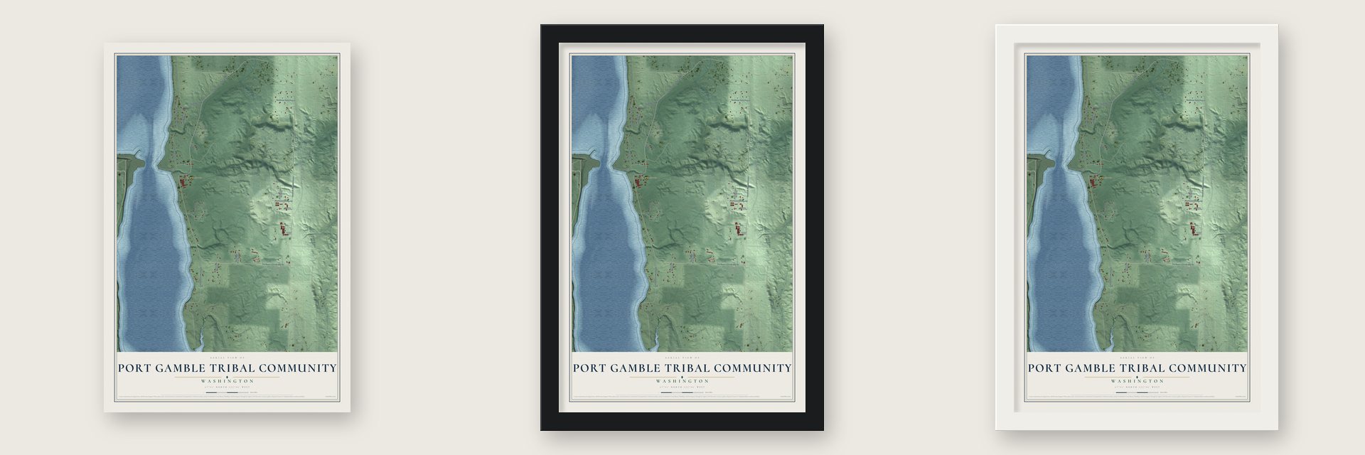 Port Gamble Tribal Community, Washington map unframed, in a black wood frame and in a white wood frame