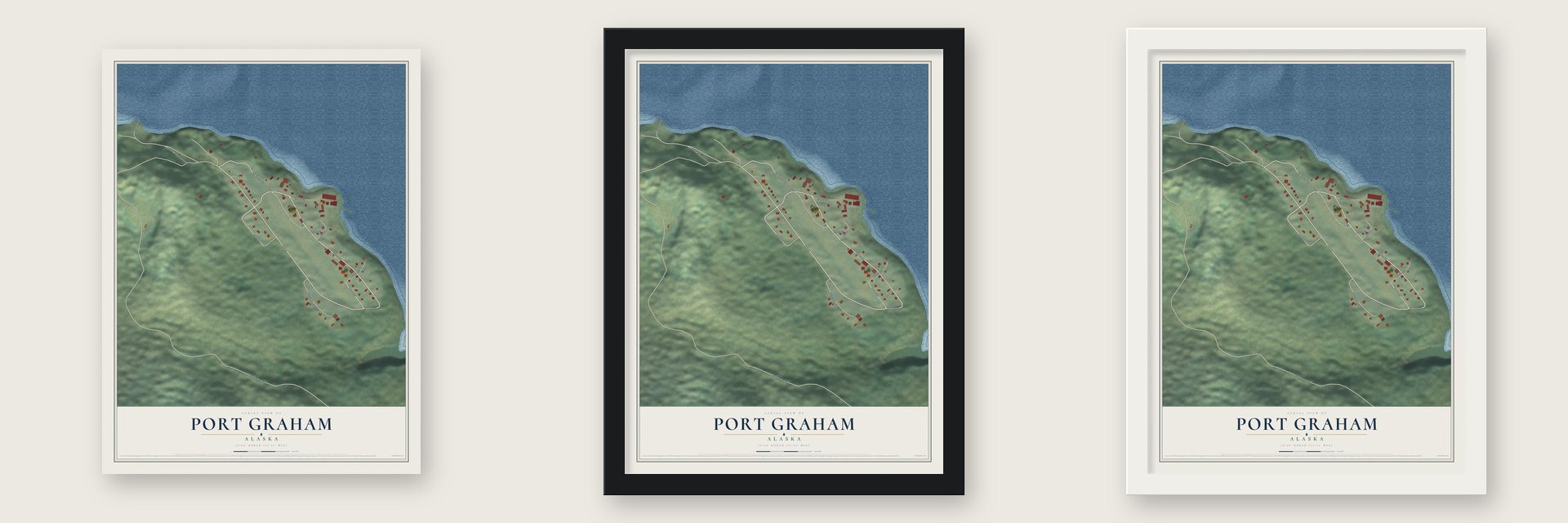 Port Graham, Alaska map unframed, in a black wood frame and in a white wood frame