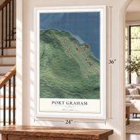 Port Graham, Alaska map, 24 x 36 inch print in a white frame by a staircase