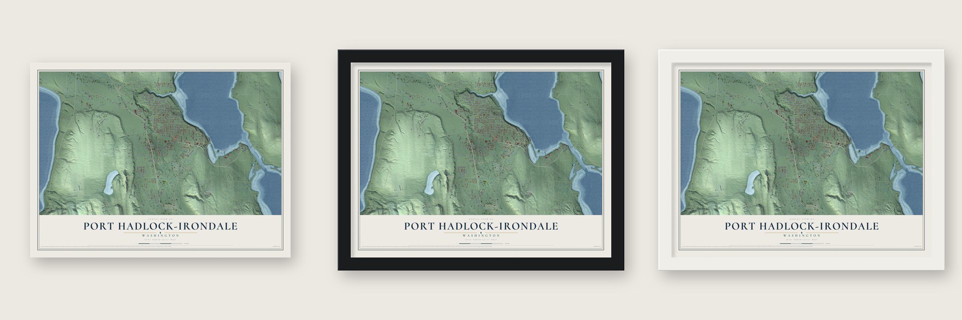Port Hadlock-Irondale, Washington map unframed, in a black wood frame and in a white wood frame