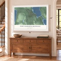 Port Hadlock-Irondale, Washington map, 24 x 36 inch print in a white frame above a dresser by a staircase