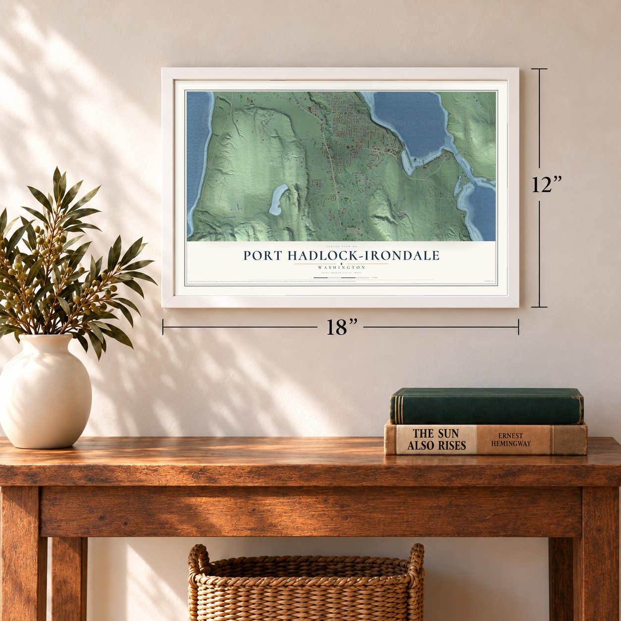 Port Hadlock-Irondale, Washington map, 12 x 18 inch print in a white frame in an entryway