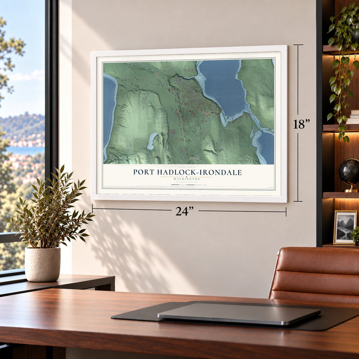 Port Hadlock-Irondale, Washington map, 18 x 24 inch print in a white frame in a home office