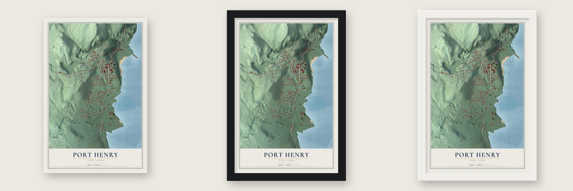 Port Henry, New York map unframed, in a black wood frame and in a white wood frame