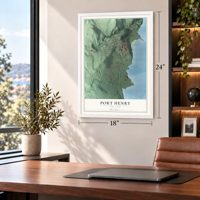 Port Henry, New York map, 18 x 24 inch print in a white frame in a home office