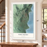Port Henry, New York map, 24 x 36 inch print in a white frame by a staircase