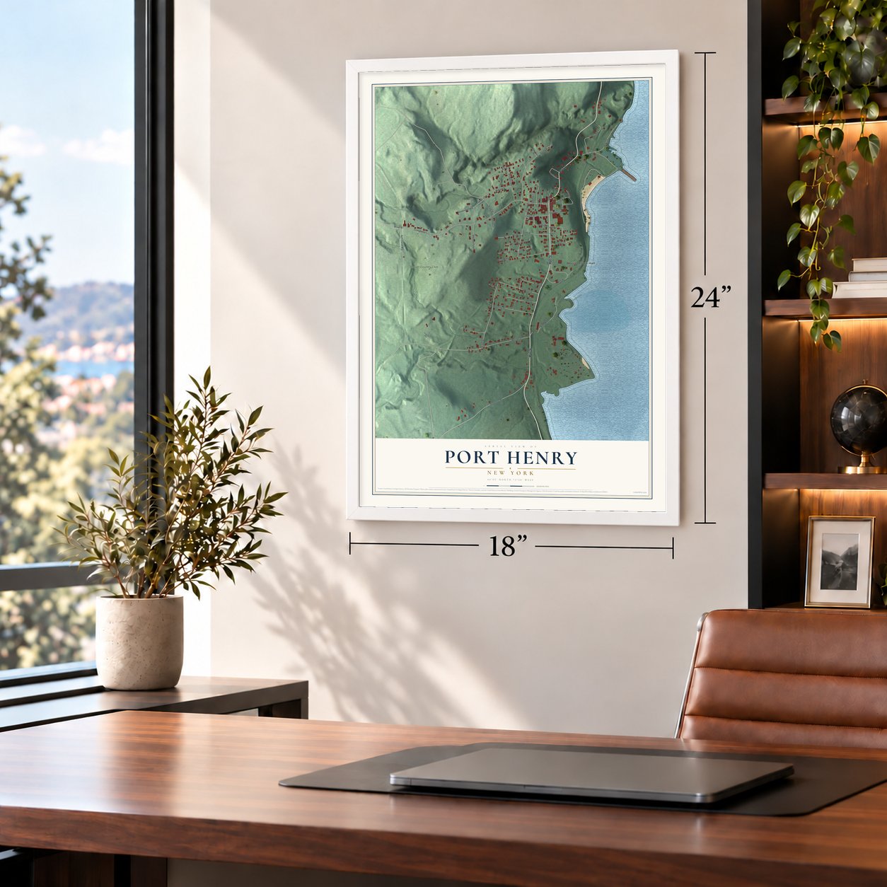 Port Henry, New York map, 18 x 24 inch print in a white frame in a home office
