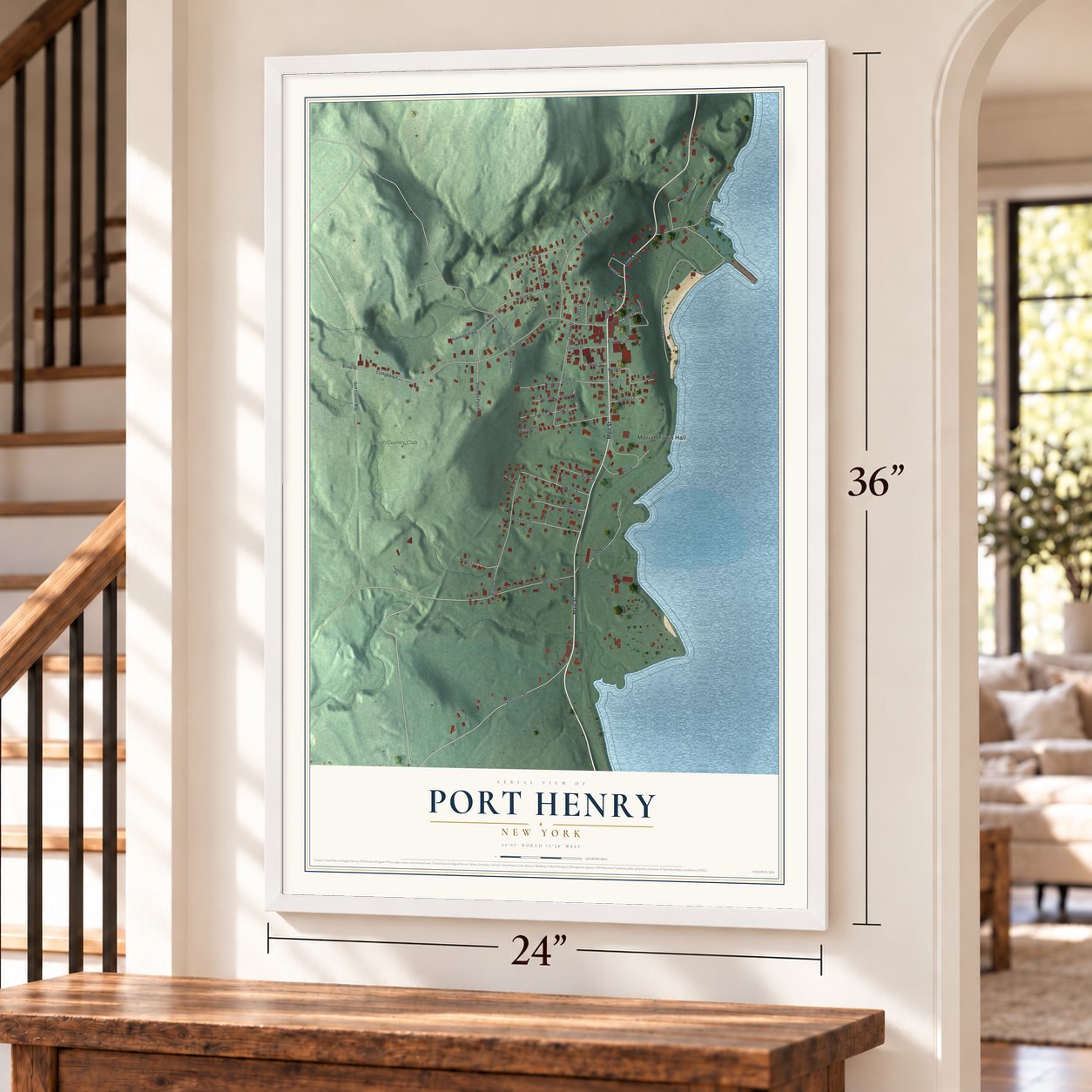 Port Henry, New York map, 24 x 36 inch print in a white frame by a staircase