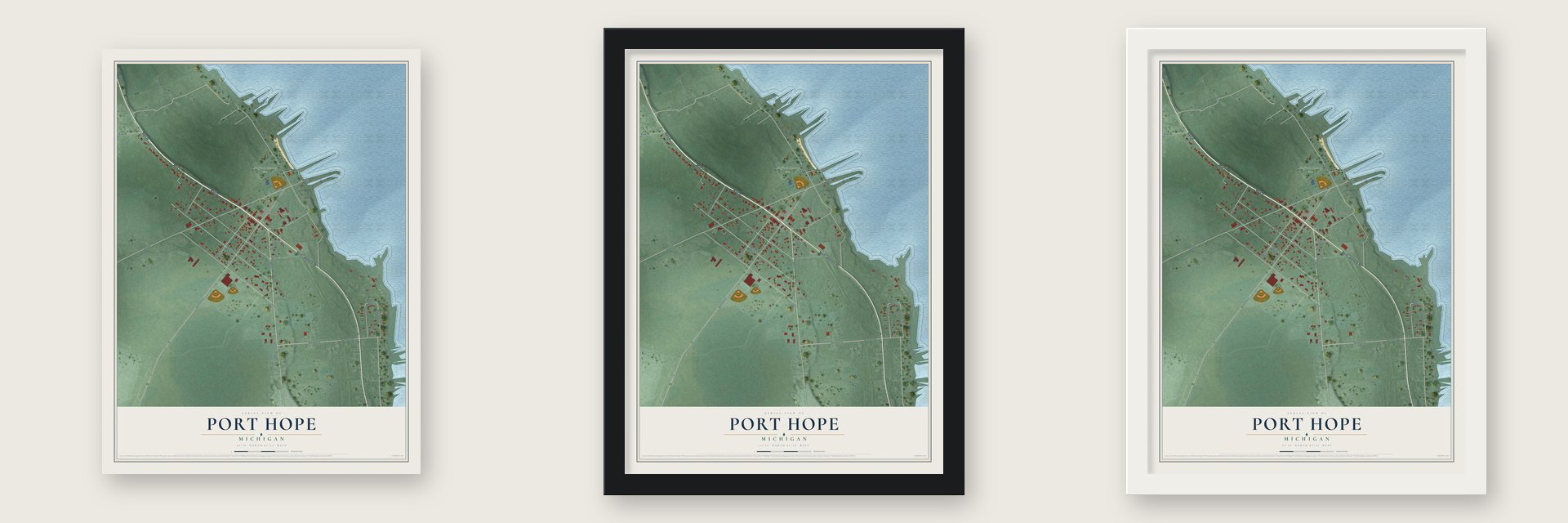 Port Hope, Michigan map unframed, in a black wood frame and in a white wood frame