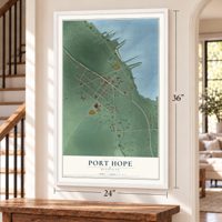 Port Hope, Michigan map, 24 x 36 inch print in a white frame by a staircase