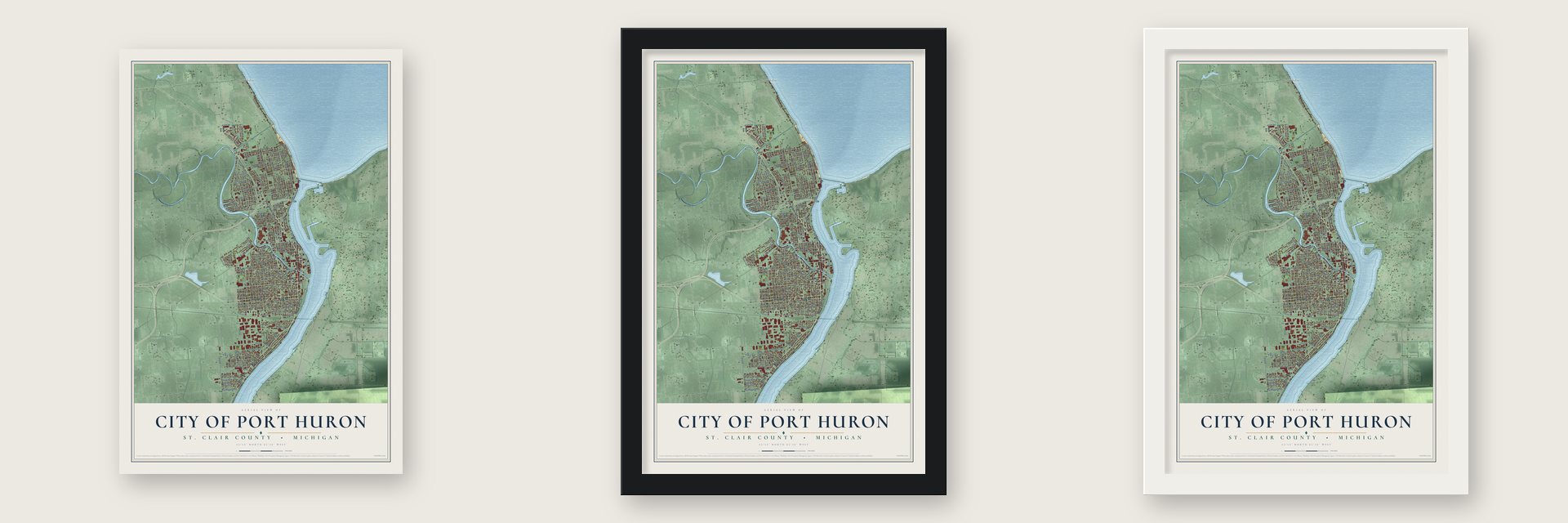 Port Huron, Michigan map unframed, in a black wood frame and in a white wood frame