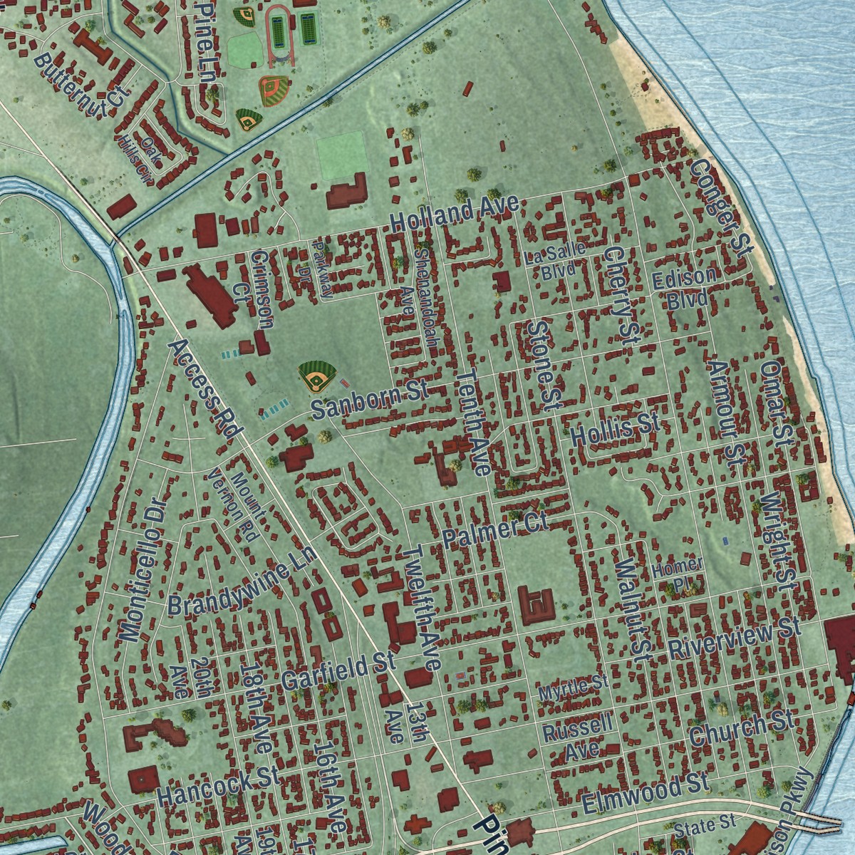Second close-up of the map of Port Huron, Michigan print showing more streets and buildings