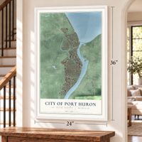 Port Huron, Michigan map, 24 x 36 inch print in a white frame by a staircase