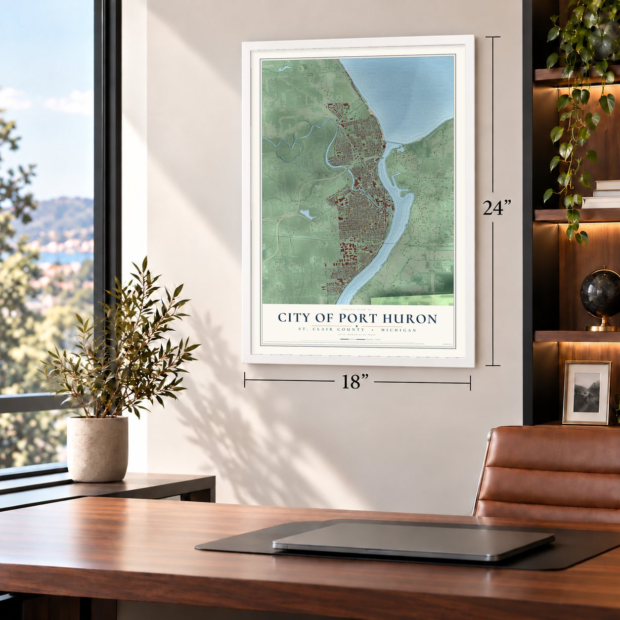 Port Huron, Michigan map, 18 x 24 inch print in a white frame in a home office