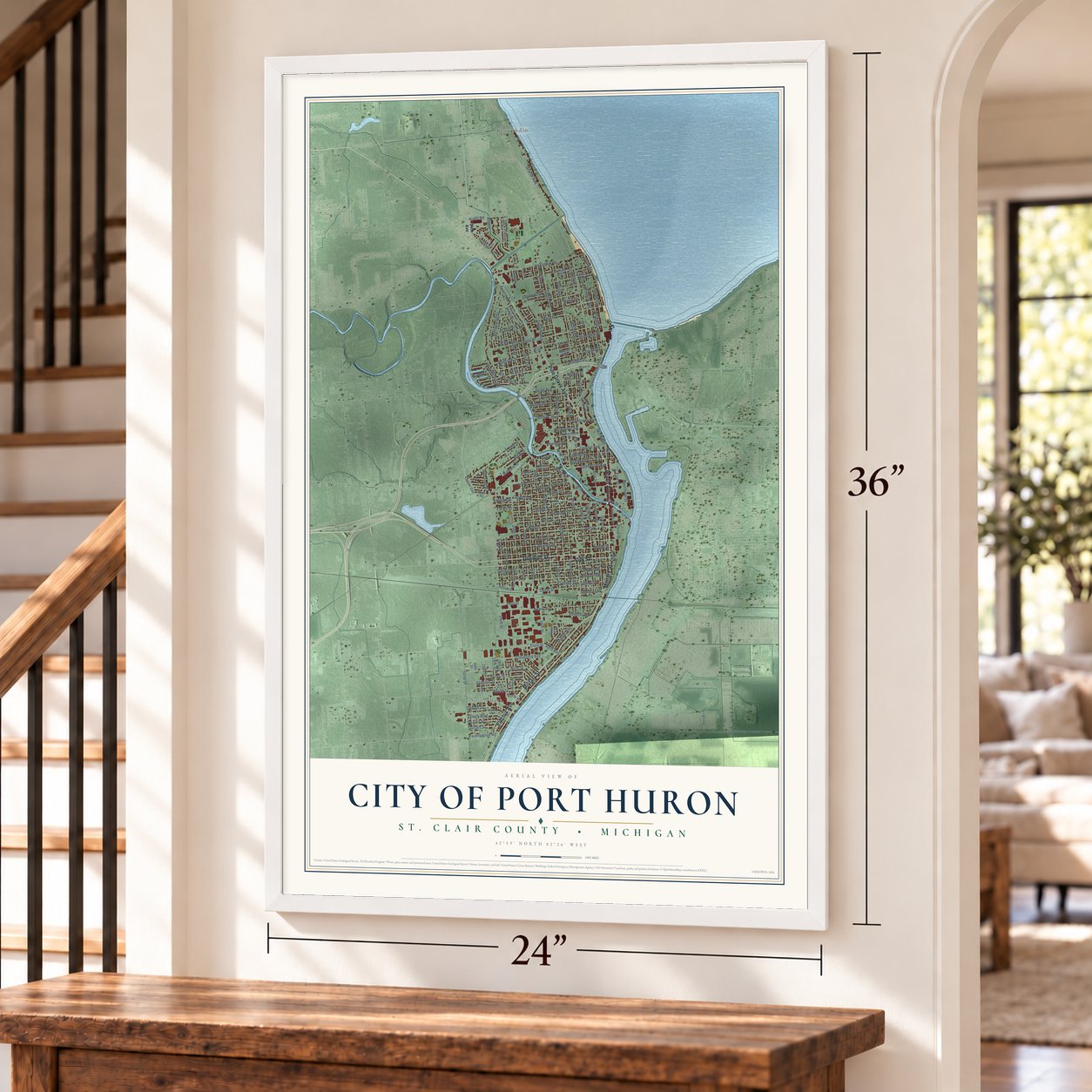 Port Huron, Michigan map, 24 x 36 inch print in a white frame by a staircase