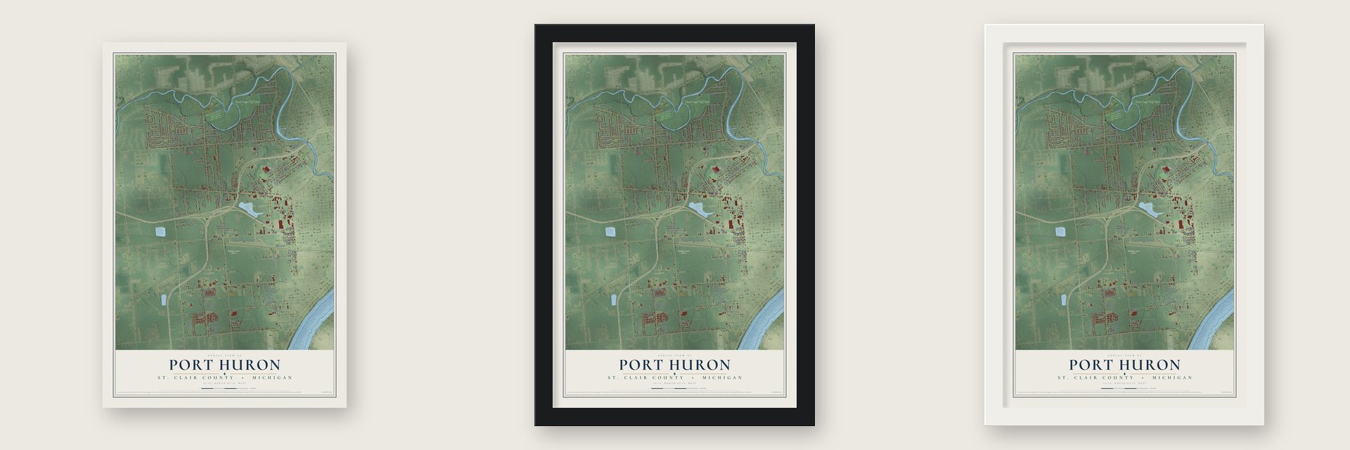 Port Huron, St. Clair County, Michigan map unframed, in a black wood frame and in a white wood frame