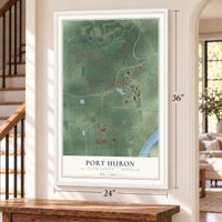 Port Huron, St. Clair County, Michigan map, 24 x 36 inch print in a white frame by a staircase