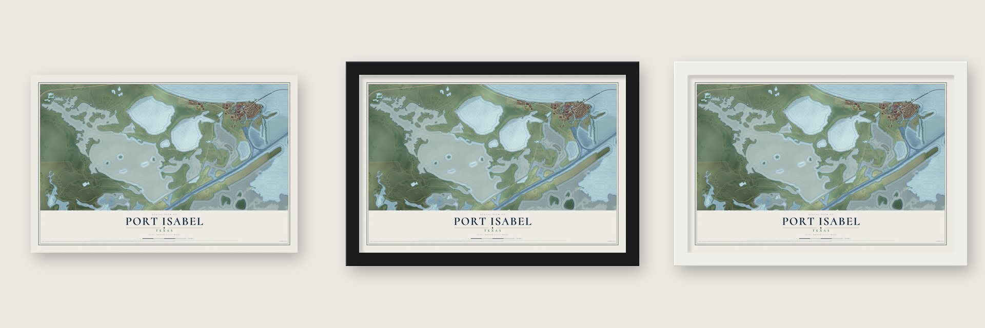 Port Isabel, Texas map unframed, in a black wood frame and in a white wood frame